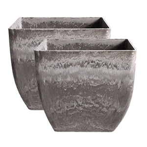 NNEAGS 2X 27cm Rock Grey Square Resin Plant Flower Pot in Cement Pattern Planter Cachepot for Indoor Home Office