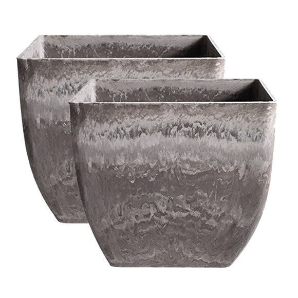 NNEAGS 2X 27cm Rock Grey Square Resin Plant Flower Pot in Cement Pattern Planter Cachepot for Indoor Home Office