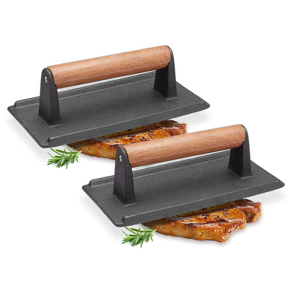 NNEAGS 2X Cast Iron Bacon Meat Steak Press Grill BBQ with Wood Handle Weight Plate