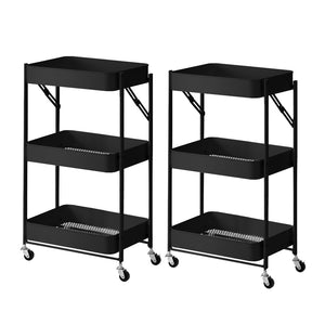 NNEAGS 2X 3 Tier Steel Black Foldable Kitchen Cart Multi-Functional Shelves Portable Storage Organizer with Wheels