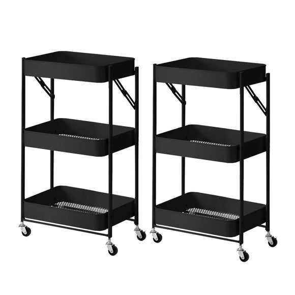 NNEAGS 2X 3 Tier Steel Black Foldable Kitchen Cart Multi-Functional Shelves Portable Storage Organizer with Wheels