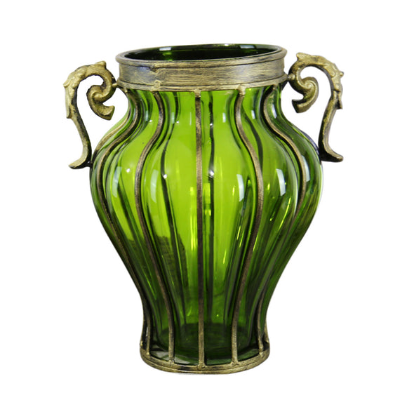 NNEAGS Green Colored European Glass Home Decor Flower Vase with Two Metal Handle