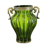 NNEAGS Green Colored European Glass Home Decor Flower Vase with Two Metal Handle