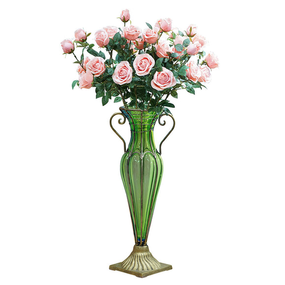 NNEAGS Green Colored Glass Flower Vase with 8 Bunch 5 Heads Artificial Fake Silk Rose Home Decor Set