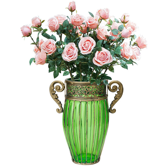 NNEAGS Green Glass Flower Vase with 8 Bunch 5 Heads Artificial Fake Silk Rose Home Decor Set