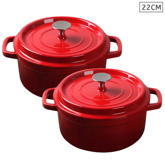 NNEAGS 2X Cast Iron 22cm Enamel Porcelain Stewpot Casserole Stew Cooking Pot With Lid Red