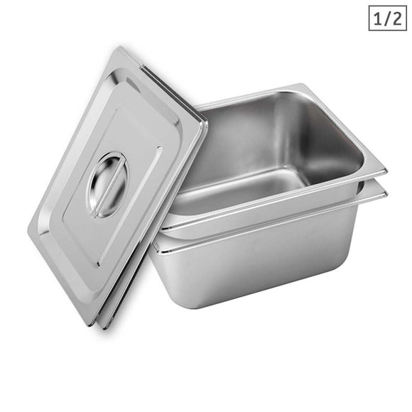 NNEAGS 2X GN Pan Full Size 1/2 GN Pan 15cm Deep Stainless Steel With Lid
