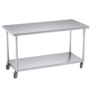NNEAGS 150cm Catering Kitchen Stainless Steel Prep Work Bench Table with Wheels
