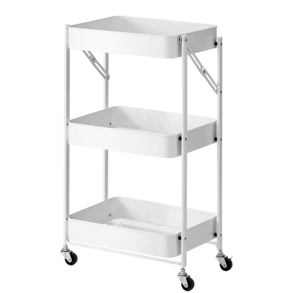 NNEAGS 3 Tier Steel White Foldable Kitchen Cart Multi-Functional Shelves Portable Storage Organizer with Wheels