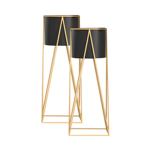 NNEAGS 2X 50cm Gold Metal Plant Stand with Black Flower Pot Holder Corner Shelving Rack Indoor Display