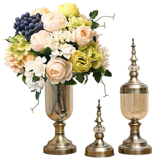 NNEAGS 2X Clear Glass Flower Vase with Lid and White Flower Filler Vase Bronze Set