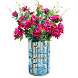 NNEAGS Blue Glass Cylinder Flower Vase with 8 Bunch 5 Heads Artificial Fake Silk Rose Home Decor Set