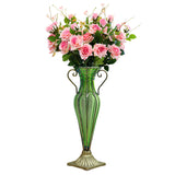 NNEAGS Green Colored Glass Flower Vase with 6 Bunch 5 Heads Artificial Fake Silk Rose Home Decor Set