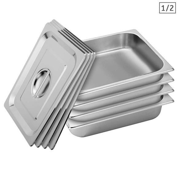 NNEAGS 4X GN Pan Full Size 1/2 GN Pan 6.5cm Deep Stainless Steel Tray With Lid