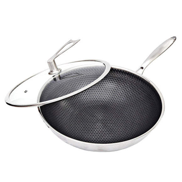 NNEAGS 32cm Stainless Steel Tri-Ply Frying Cooking Fry Pan Textured Non Stick Interior Skillet with Glass Lid
