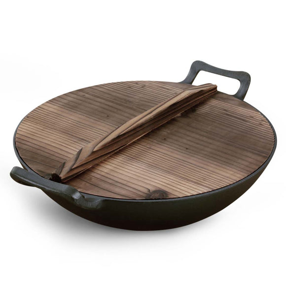 NNEAGS 36CM Cast Iron Wok FryPan with Wooden Lid Fry Pan