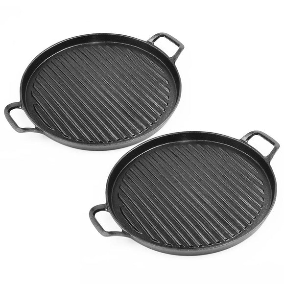NNEAGS 2X 30cm Ribbed Cast Iron Frying Pan Skillet Coating Steak Sizzle Platter