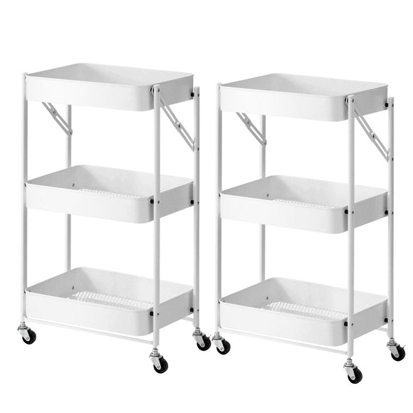 NNEAGS 2X 3 Tier Steel White Foldable Kitchen Cart Multi-Functional Shelves Portable Storage Organizer with Wheels