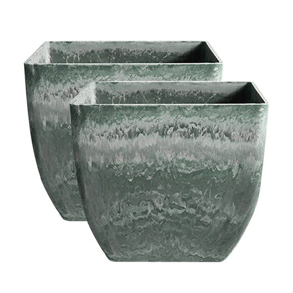 NNEAGS 2X 32cm Green Grey Square Resin Plant Flower Pot in Cement Pattern Planter Cachepot for Indoor Home Office