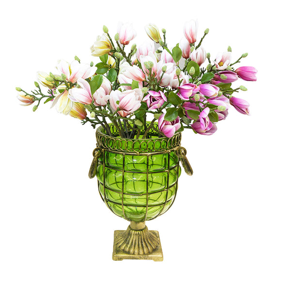 NNEAGS Green Glass Flower Vase with 6 Bunch 4 Heads Artificial Fake Silk Magnolia denudata Home Decor Set
