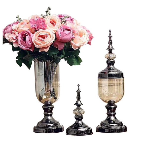 NNEAGS 2X Clear Glass Flower Vase with Lid and Pink Flower Filler Vase Black Set