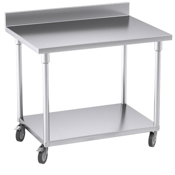 NNEAGS 100cm Catering Kitchen Stainless Steel Prep Work Bench Table with Backsplash and Caster Wheels