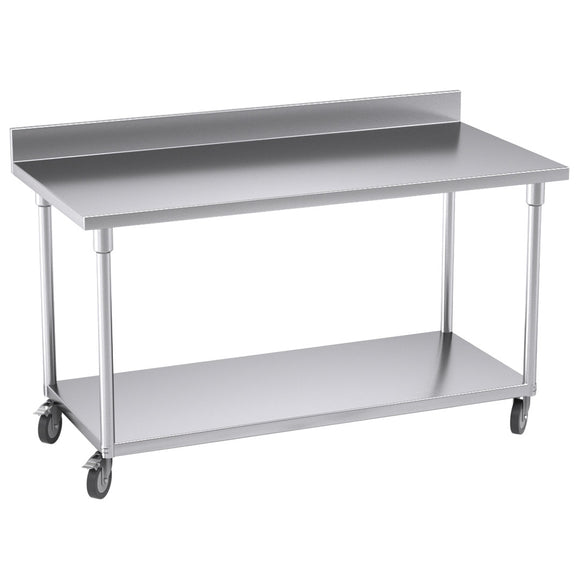 NNEAGS 150cm Catering Kitchen Stainless Steel Prep Work Bench Table with Backsplash and Caster Wheels