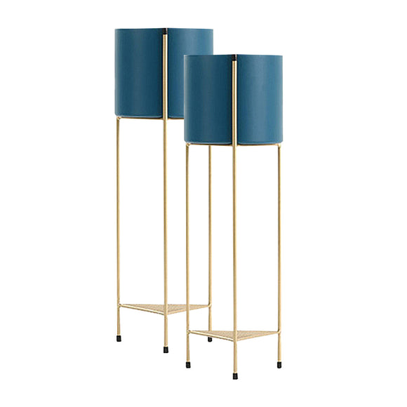 NNEAGS 2X 2 Layer 65cm Gold Metal Plant Stand with Blue Flower Pot Holder Corner Shelving Rack Indoor Display