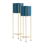 NNEAGS 2X 2 Layer 65cm Gold Metal Plant Stand with Blue Flower Pot Holder Corner Shelving Rack Indoor Display