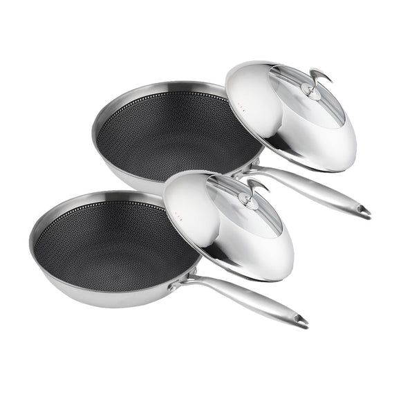 NNEAGS 2X 18/10 Stainless Steel Fry Pan 30cm Frying Pan Top Grade Cooking Non Stick Interior Skillet with Lid