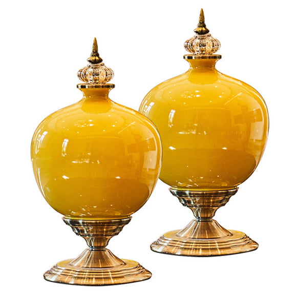 NNEAGS 2X 38cm Ceramic Oval Flower Vase with Gold Metal Base Yellow