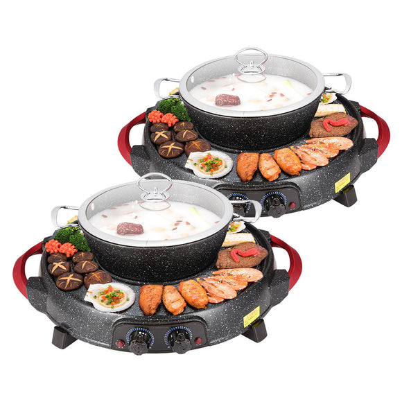 NNEAGS 2X 2  in 1 Electric Stone Coated Teppanyaki Grill Plate Steamboat Hotpot