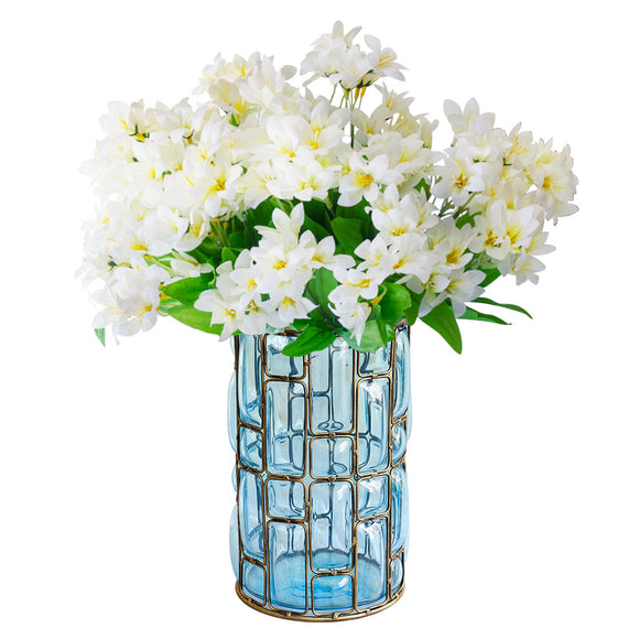 NNEAGS Blue Glass Cylinder Flower Vase with 10 Bunch 6 Heads Artificial Fake Silk Lilium nanum Home Decor Set