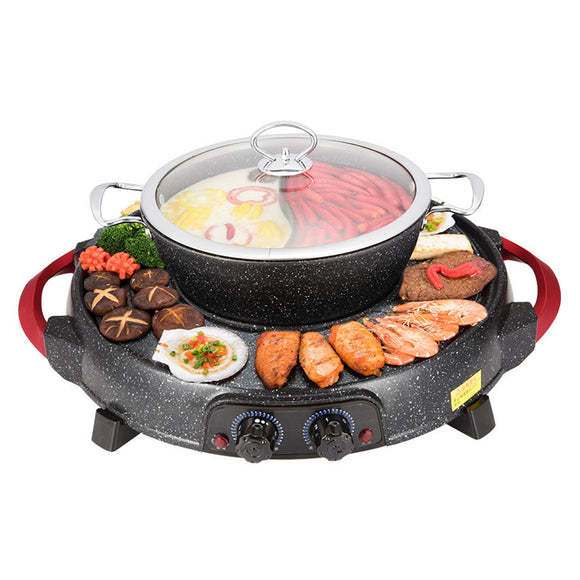 NNEAGS 2 in 1 Electric Stone Coated Grill Plate Steamboat Two Division Hotpot