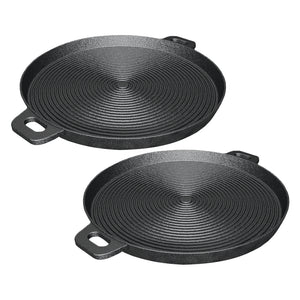 NNEAGS 2X 35cm Round Ribbed Cast Iron Frying Pan Skillet Steak Sizzle Platter with Handle