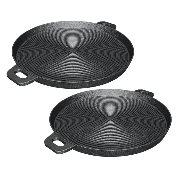 NNEAGS 2X 35cm Round Ribbed Cast Iron Frying Pan Skillet Steak Sizzle Platter with Handle