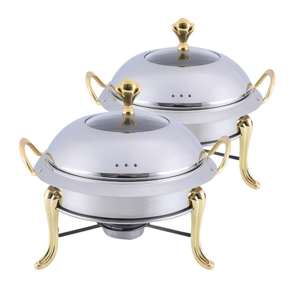 NNEAGS 2X Stainless Steel Gold Accents Round Buffet Chafing Dish Cater Food Warmer Chafer with Glass Top Lid