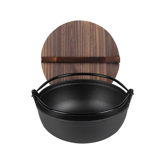 NNEAGS 25cm Cast Iron Japanese Style Sukiyaki Tetsu Nabe Shabu Hot Pot with Wooden Lid