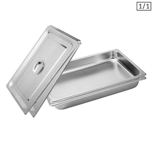 NNEAGS 2X GN Pan Full Size 1/1 GN Pan 6.5cm Deep Stainless Steel Tray With Lid