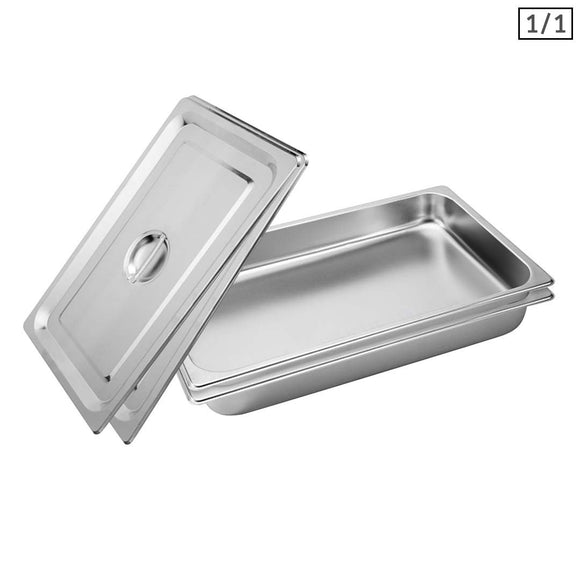 NNEAGS 2X GN Pan Full Size 1/1 GN Pan 6.5cm Deep Stainless Steel Tray With Lid