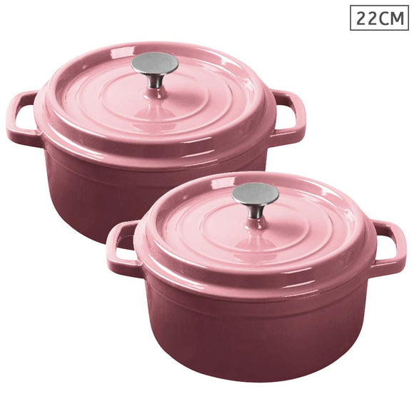 NNEAGS 2X Cast Iron 22cm Enamel Porcelain Stewpot Casserole Stew Cooking Pot With Lid Pink