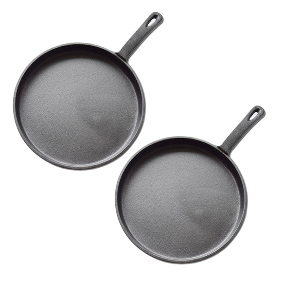 NNEAGS 2X 26cm Round Cast Iron Frying Pan Skillet Griddle Sizzle Platter