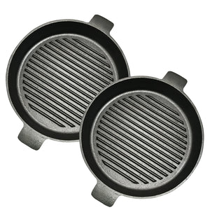 NNEAGS 2X 25cm Round Ribbed Cast Iron Frying Pan Skillet Steak Sizzle Platter with Handle