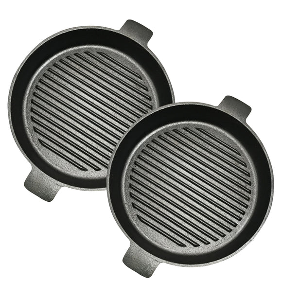 NNEAGS 2X 25cm Round Ribbed Cast Iron Frying Pan Skillet Steak Sizzle Platter with Handle