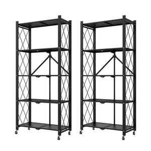 NNEAGS 2X 5 Tier Steel Black Foldable Kitchen Cart Multi-Functional Shelves Portable Storage Organizer with Wheels