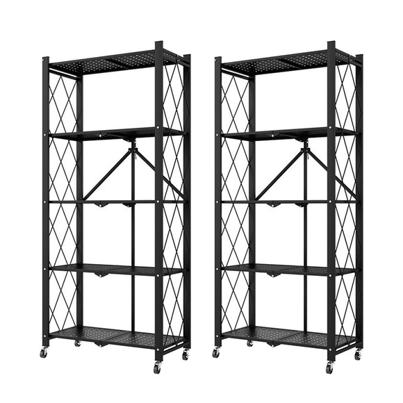 NNEAGS 2X 5 Tier Steel Black Foldable Kitchen Cart Multi-Functional Shelves Portable Storage Organizer with Wheels