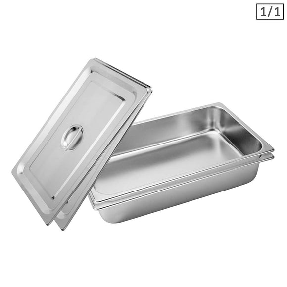 NNEAGS 2X GN Pan Full Size 1/1 GN Pan 10cm Deep Stainless Steel Tray With Lid