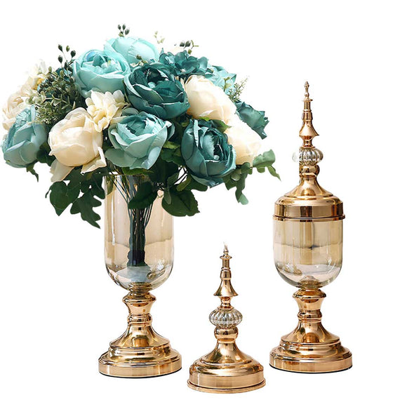 NNEAGS 2X Clear Glass Flower Vase with Lid and Blue Flower Filler Vase Gold Set