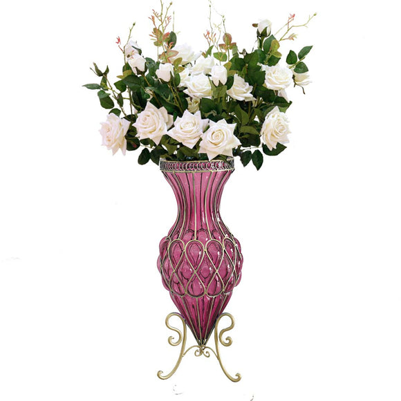 NNEAGS 67cm Purple Glass Tall Floor Vase and 12pcs White Artificial Fake Flower Set