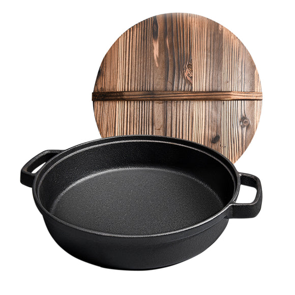 NNEAGS 33cm Round Cast Iron Pre-seasoned Deep Baking Pizza Frying Pan Skillet with Wooden Lid